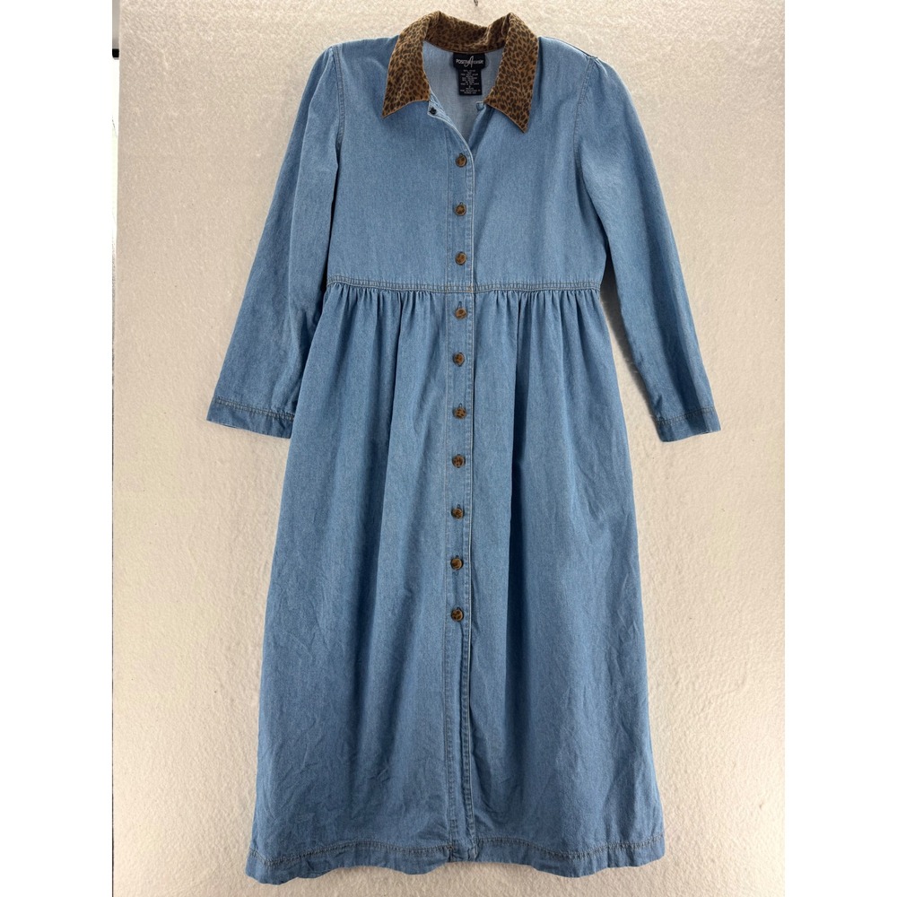 Positive Attitude - VTG Denim Maxi Dress Leopard Collar - Blue - 8P - Womens